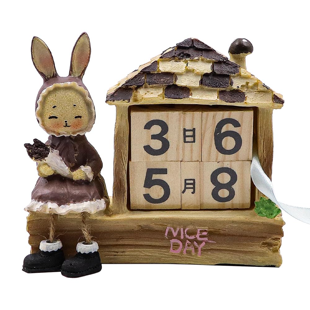 NUZAMAS Wooden Desk Calendar Rabbit Decoration Perpetual Calendar Animal Figure House Shape Desktop Calendar Daily Calendar Ornament For Gift Office Home Decorative