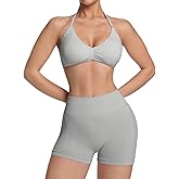 Comper 2 Piece Workout Sets for Women Halter Strappy Sports Bra with Seamless Ribbed Gym Yoga shorts Outfits