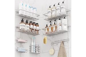 Zeawec 8 Pack Shower Caddy, Adhesive Rustproof Bathroom Organizers and Storage Shelves with Soap Holder & Hooks, Large Capaci