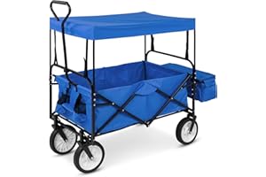 Best Choice Products Collapsible Folding Outdoor Utility Wagon with Canopy Garden Cart for Beach, Picnic, Camping, Tailgates w/Removable Canopy, Detachable Pockets, 150lb Weight Capacity - Blue