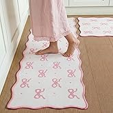 Tinideya Pink Bow Kitchen Rug Mat Set of 2 Scalloped Cute Non Slip Kitchen Rug Coquette Aesthetic Room Decor Preppy Carpet Mat for Office Floor Sink Laundry 17" x 30", 17" x 47"