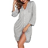 Ekouaer Women's Nightgown V Neck Striped Button Down Sleepwear 3/4 Sleeves Nightshirts Soft Button Sleep Dress S-XXL
