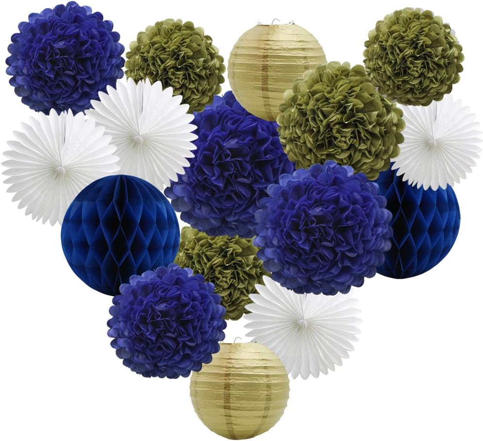 16pcs Party Decoration Supplies Set of Tissue Honeycomb Balls Lanterns Paper Pom Poms Flowers Hanging Fan for Room Wedding Anniversary Birthday Graduation Backdrop Decoration (Navy Blue White Gold)