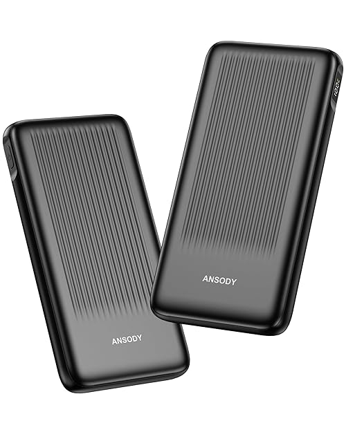 Ansody 2-Pack 10000mAh 22.5W Power Bank Fast Charging, Portable Charger with Built in Cables 2 Outputs & 2 Inputs Battery Pack LED Display Compatible with iPhone Android (Black+Black)