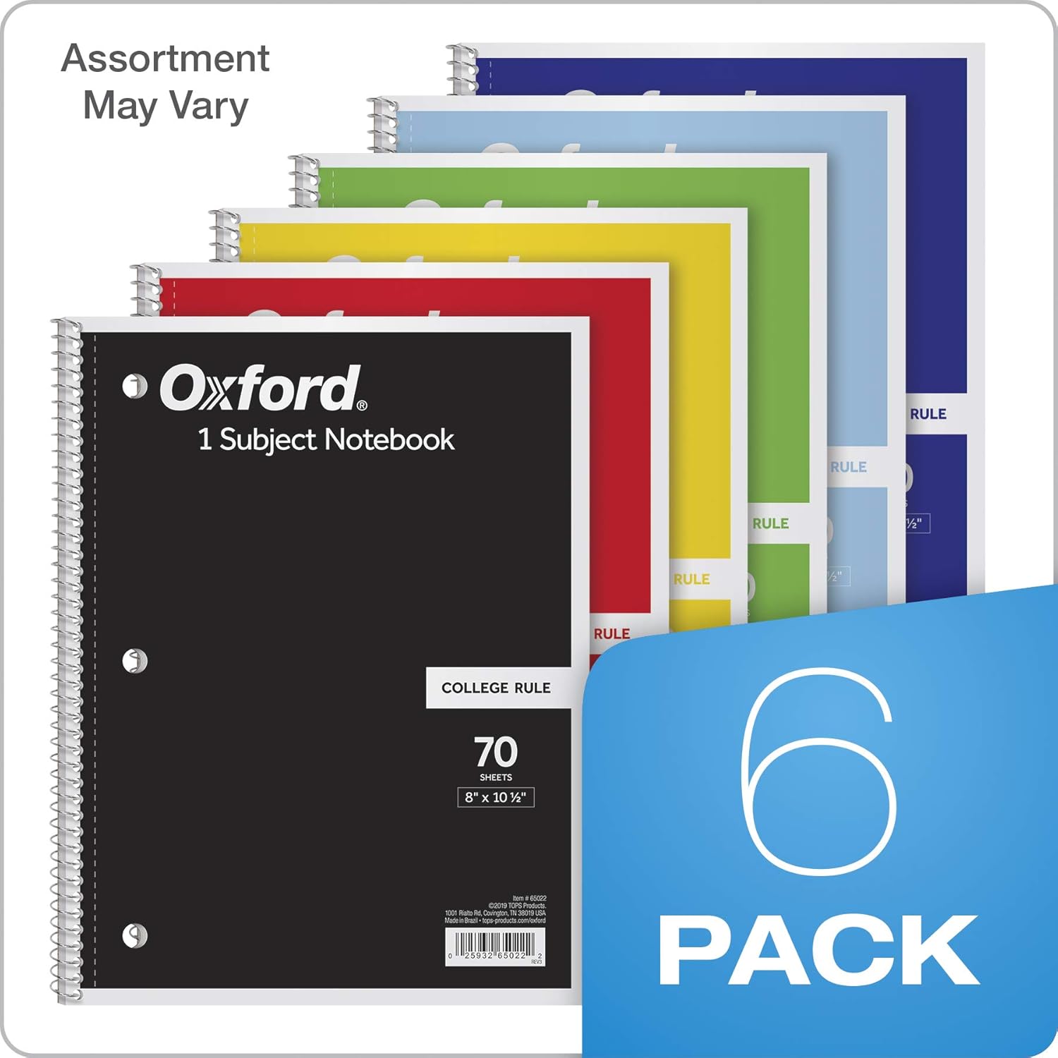 TOPS/Oxford 1-Subject Notebooks, 8" x 10-1/2", College Rule, 70 Sheets, 6 Pack, Color Assortment May Vary (65007) : Mead Spiral Notebook College Rule : Office Products