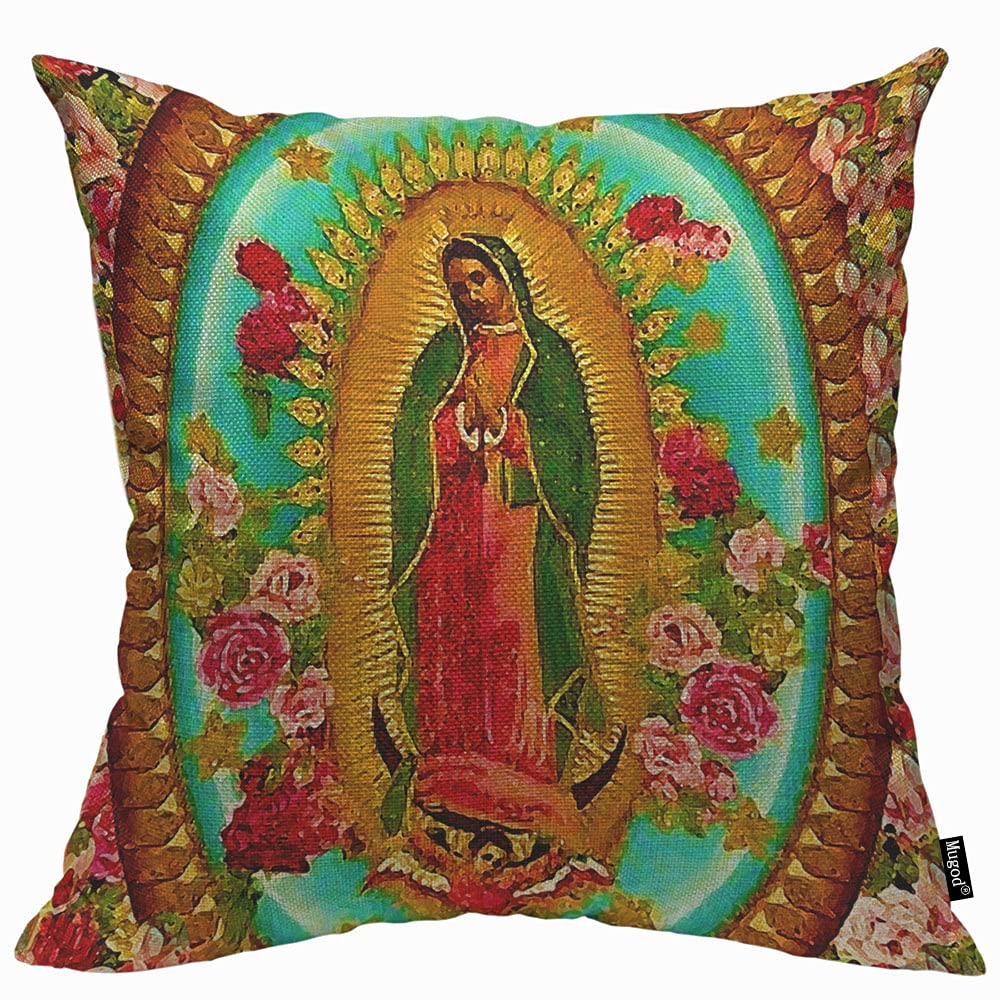 Mugod Mexico Our Lady Guadalupe Cushion Cover Throw Pillow Covers Mexican Saint Virgin Catholic Pillow Case for Men Women Decorative Home Sofa Chair Couch 45x45cm/18x18 Inch