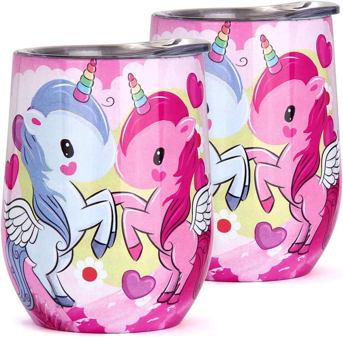 Walsilk Outdoor Travel Wine Glasses Tumbler,Portable Vacuum Insulated Metal Tumbler,Stainless Steel Tumbler Cup for Coffee,Wine,Cocktails,Ice Cream(2Pack Unicorn)