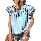 Tankaneo Womens Ruffle Short Sleeve Blouse V Neck Striped Pleated Trim Shirts Summer Casual Loose Fit Tops