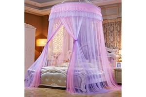 Mengersi Bed Canopy Mosquito Net - Princess Elegant Lace Round Sheer Mesh Bed Curtains - Princess Dome Bedding Net for Twin Full Queen King Size (Pink and Purple)