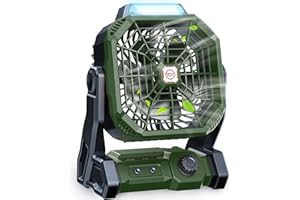 JINLICTE Camping Fan with LED Lantern, 20000mAh 9-inch Rechargeable Battery Operated Portable Tent Fan with Dual Motor, Quiet and Strong Wind, Hang Hook, Perfect Outdoor USB Fan for Picnic, Barbecue, Fishing