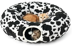 COZY KISS Cat Tunnel Bed for Indoor Cats, Foldable Cute Cat Donut Tunnel with Washable Cushion, Kitten Toys for Indoor Cats Puppy/Rabbit, Black&White