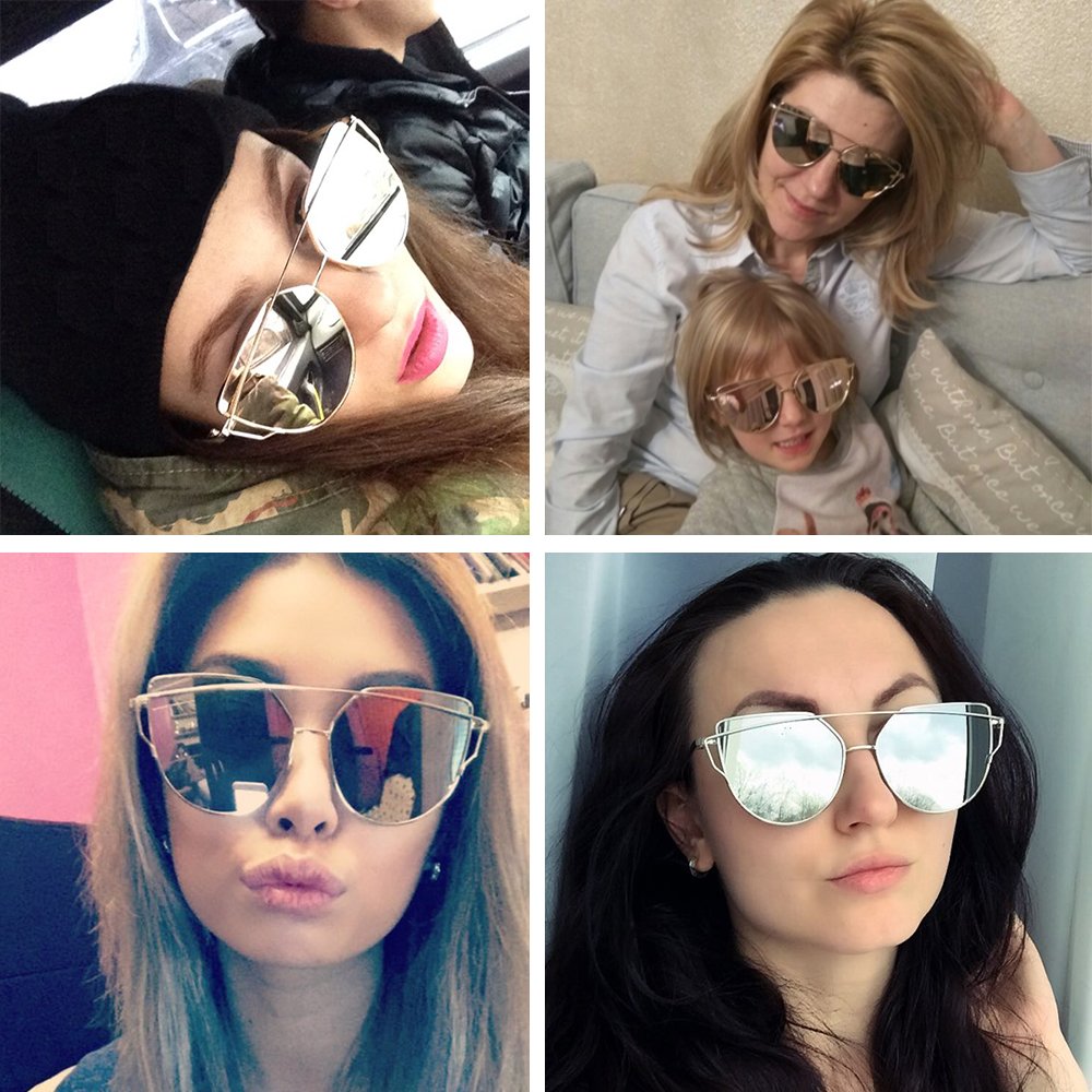 WISH CLUB Women Cat Eye Polarized Sunglasses Mirrored Reflective Flat Wide Lenses Metal Frame UV 400 Glasses (silver1)