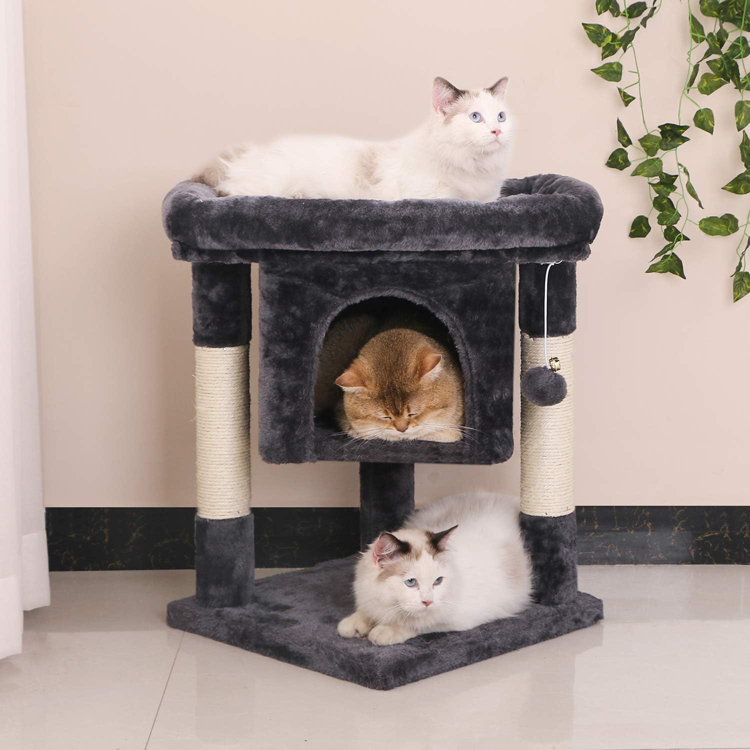 BEWISHOME Cat Tree Cat House Cat Condo with Sisal Scratching Posts, Plush Perch, Cat Tower Furniture Cat Bed Kitty Activity Center Kitten Play House, Light Grey MMJ08G : Pet Supplies