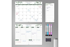 ALEZEL Magnetic Calendar Whiteboard for Refrigerator, Dry Erase Fridge Calendar Set - Greenery Magnetic Monthly & Weekly Calendar with List White Board, 4 Markers + Eraser