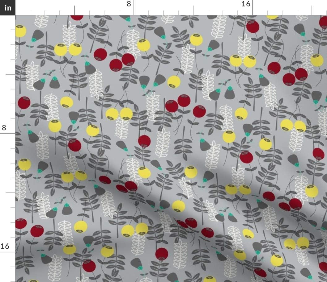 Spoonflower Fabric - Modern Poppy Garden Burgundy Floral Yellow Gray Scandinavian Vintage Printed on Chiffon Fabric by The Yard - Sewing Fashion Apparel Dresses Home Decor