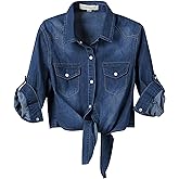 Omoone Women's 3/4 Sleeve Modern Denim Crop Top Tie Knot Shirt Cardigan
