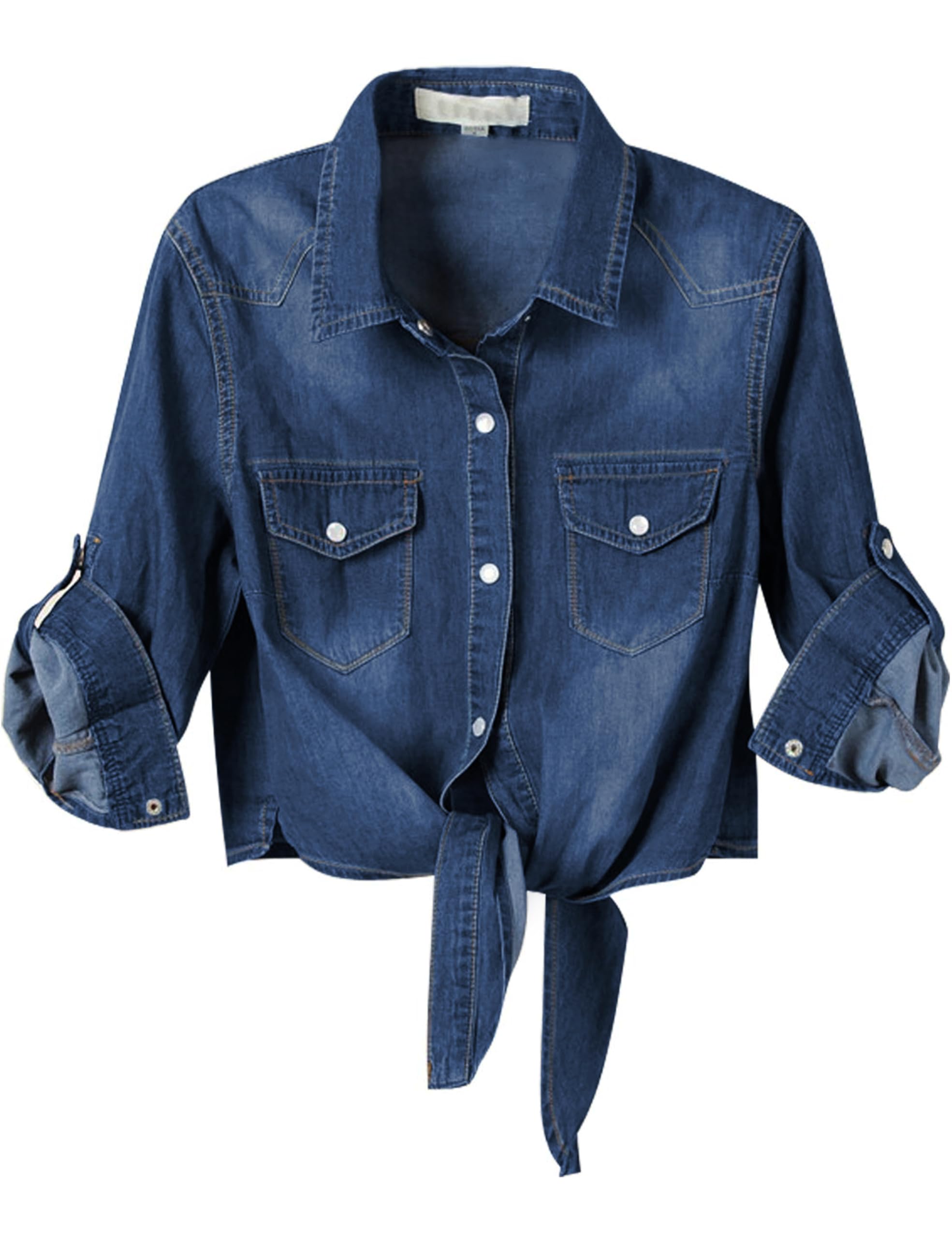 Photo 1 of ***CORRECT ITEM****Omoone Women's 3/4 Sleeve Denim Crop Top Tie Knot Shirt Cardigan (0774-Dark Blue-L)