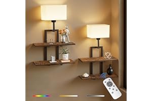 RINBOU Set of 2 Battery Operated Wall Sconce with 2-Tier Shelf, Remote Wireless Rechargeable Dimmable Wall Lights with Floati