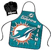 Mojo Licensing Miami Dolphins Apron Chef Hat Set Full Color Universal Size Tie Back Grilling Tailgate BBQ Cooking Host