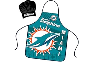 Mojo Licensing Miami Dolphins Apron Chef Hat Set Full Color Universal Size Tie Back Grilling Tailgate BBQ Cooking Host