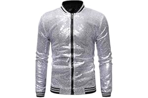 tuduoms Mens Metallic Shiny Varsity Jacket 70s Disco Party Costume Sequin Bomber Jacket Full Zip Up Lightweight Casual Jacket
