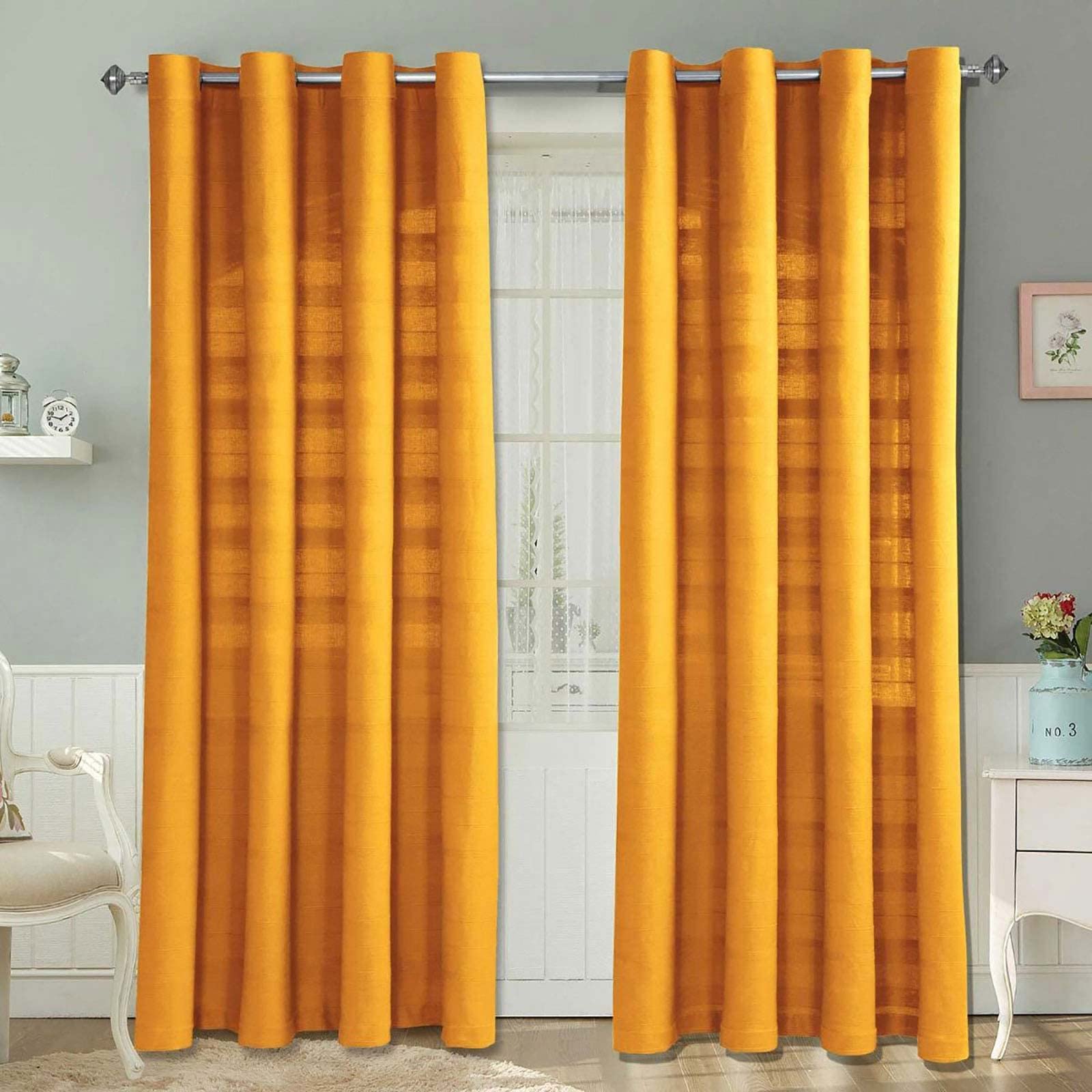 HOMESCAPES Mustard Yellow Rajput Eyelet Curtain Pair 137cm (54") Wide x 137cm (54") Drop 100% Cotton Ring Top Plain Curtains