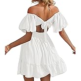 Phortric Womens Summer Tie Back Dress Square Neck Lantern Sleeve Off Shoulder Casual Mini Dresses