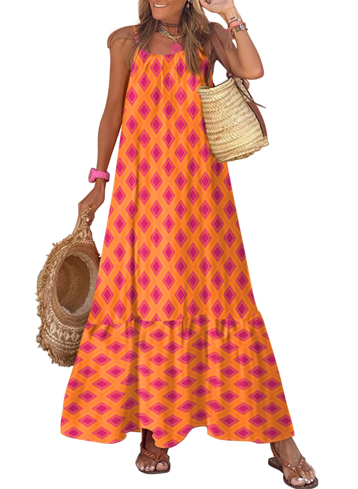 Photo 1 of Dokotoo Beach Dresses for Women 2025 Scoop Neck Summer Floral Dress Spaghetti Strap Sundresses Boho Floral Graduation dres Ruffle A Line Casual Dresses for Beach Vacation Small Orange