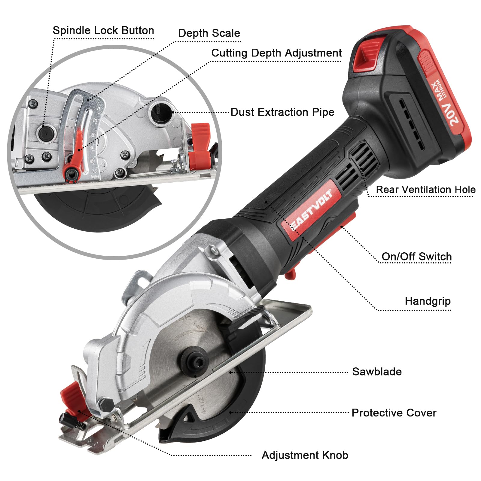 Condition photo showing New/Like New for eastvolt mini circular saw, 20v cordless circular saw with scale ruler, dust exhaust pipe, max cutti