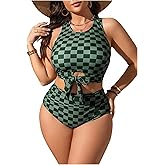 Verdusa Women's Plus Size Plaid Checkered Bikini Set Cut Out Bow Tie High Waisted Swimsuits