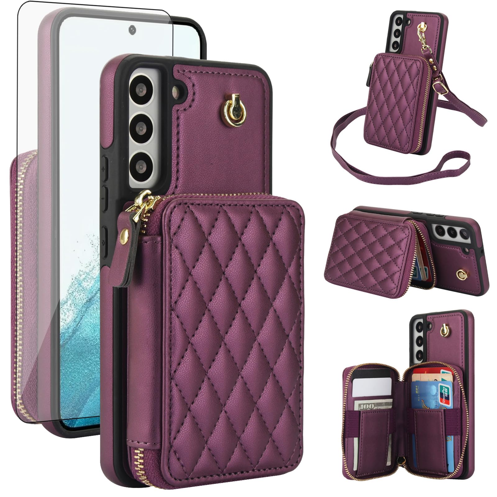 Photo 1 of Phone Case for Samsung Galaxy S21 5G 6.2 inch Wallet Cell Cover with Tempered Glass Screen Protector Wrist Crossbody Strap Lanyard RFID Blocking Credit Card Holder S 21 21S G5 Women Girls Dark Purple