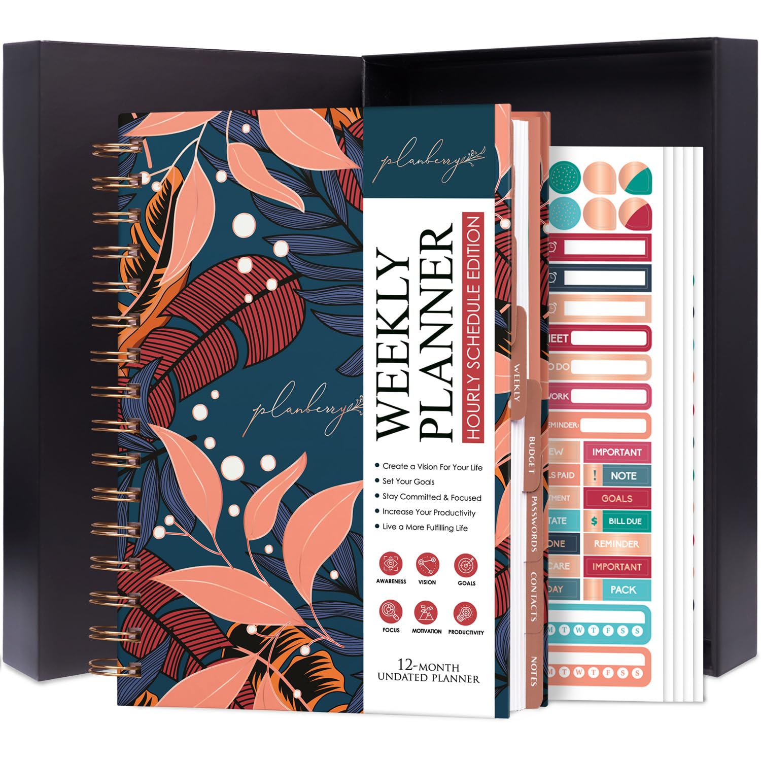 PLANBERRY Hourly Schedule Planner Premium – Undated Journal with Time Slots for Productivity & Budget Organizer, 17.5x21.6cm (Tropical Night)