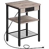 HOOBRO Side Table with Charging Station and USB Port, Small End Table for Small Space, 3-Tier Nightstand with Adjustable Shelf, for Living Room, Bedroom and Balcony, Greige BG112BZ01