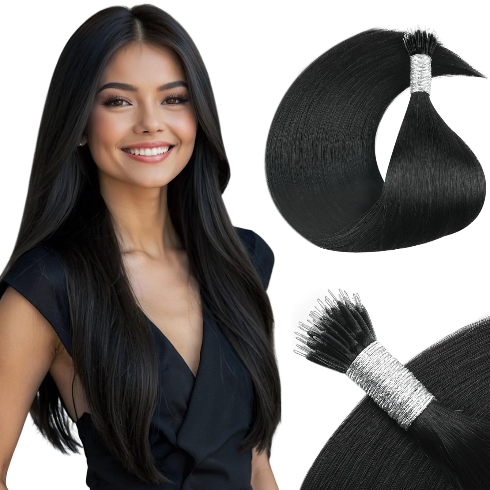 Yuniffe Nano Hair Extensions - Real Human Remy Straight Jet Black - 14 Inch 50g/50s Natural Long Straight Nano Ring Beads