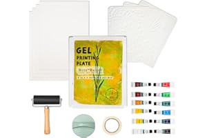BuzzBright Gel Printing Plate kit, Complete Printmaking Set with 5”X7” Gelatin Plate, Brayer, Printmaking Paper, Acrylic Paint and Essential Tools for Mixed Media Art, Monoprinting, Card Making