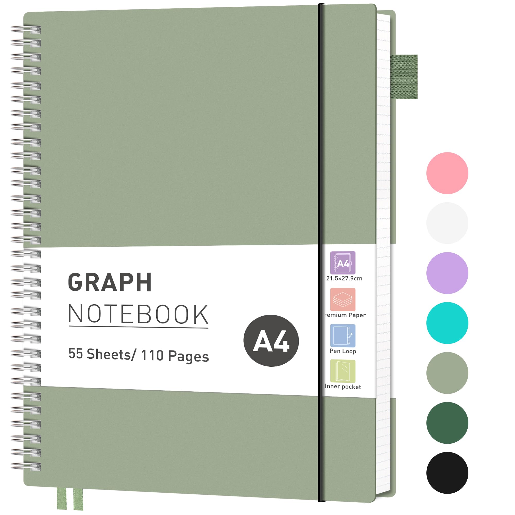 RETTACY Graph Grid Paper Notebook, 110 Pages, A4 Size (21.5 x 28 cm), 5mm per Square, 100 GSM Thick Paper, Flexible Plastic Cover, Spiral-bound, for School, Students, Math, Engineering (Light Green)
