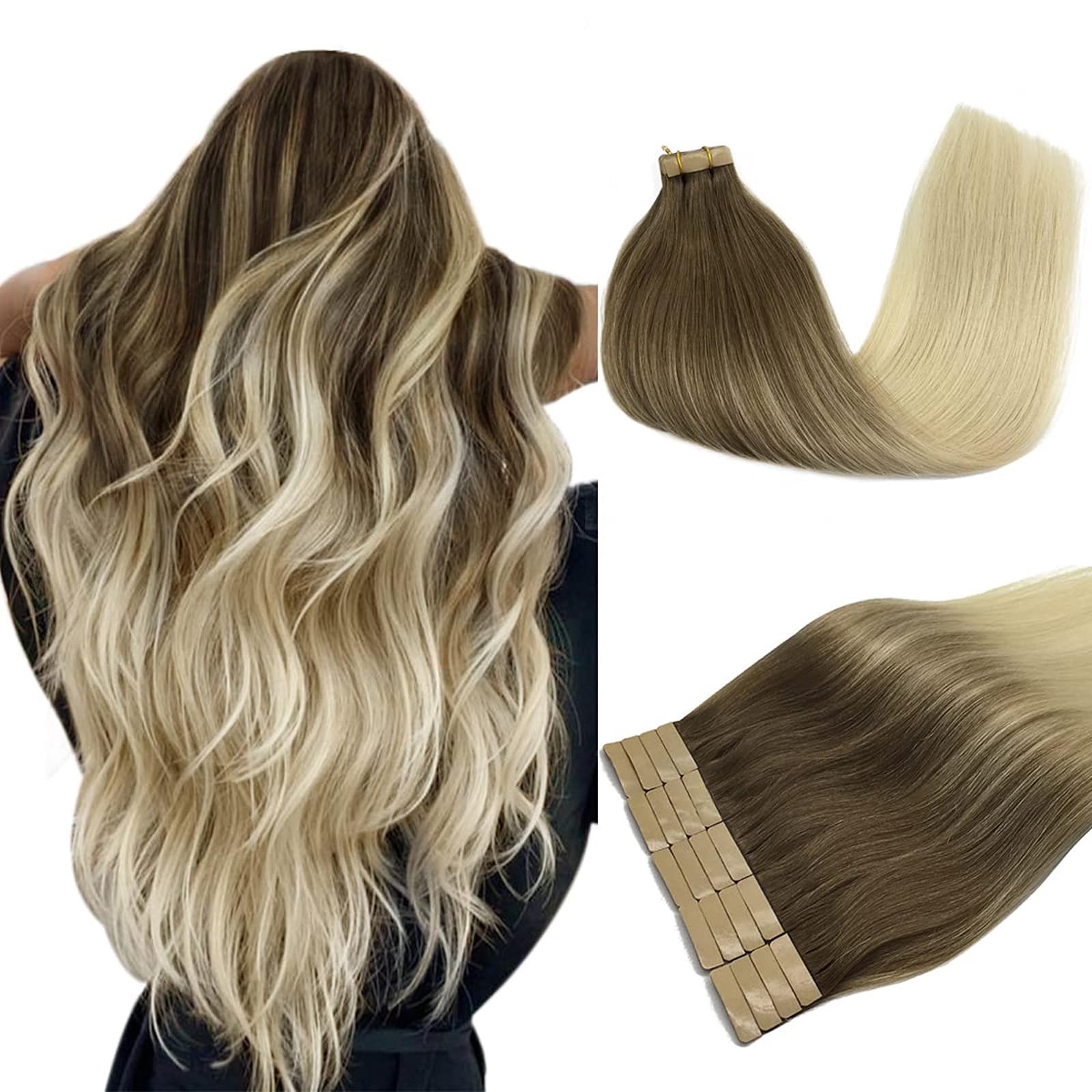 DOORES Hair Extensions Tape in Human Hair Ombre Ash Brown to Platinum Blonde 16 Inch 50g 20pcs Tape in Human Hair Extensions Natural Remy Straight Skin Weft — image 1