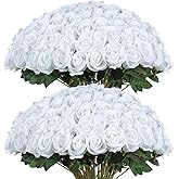 DuHouse 50 Pcs White Roses Artificial Flowers,Fake Velvet Rose Bulk, Artificial Roses Bouquet with Long Stems for Wedding Party Arrangement Centerpiece Decorations(White)
