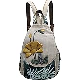 HUANGGUOSHU Women Cotton Woven Bohemian Hemp Boho Canvas Embroidery Multi Pocket Retro Cute Backpack Wallet Backpack（Piranha）