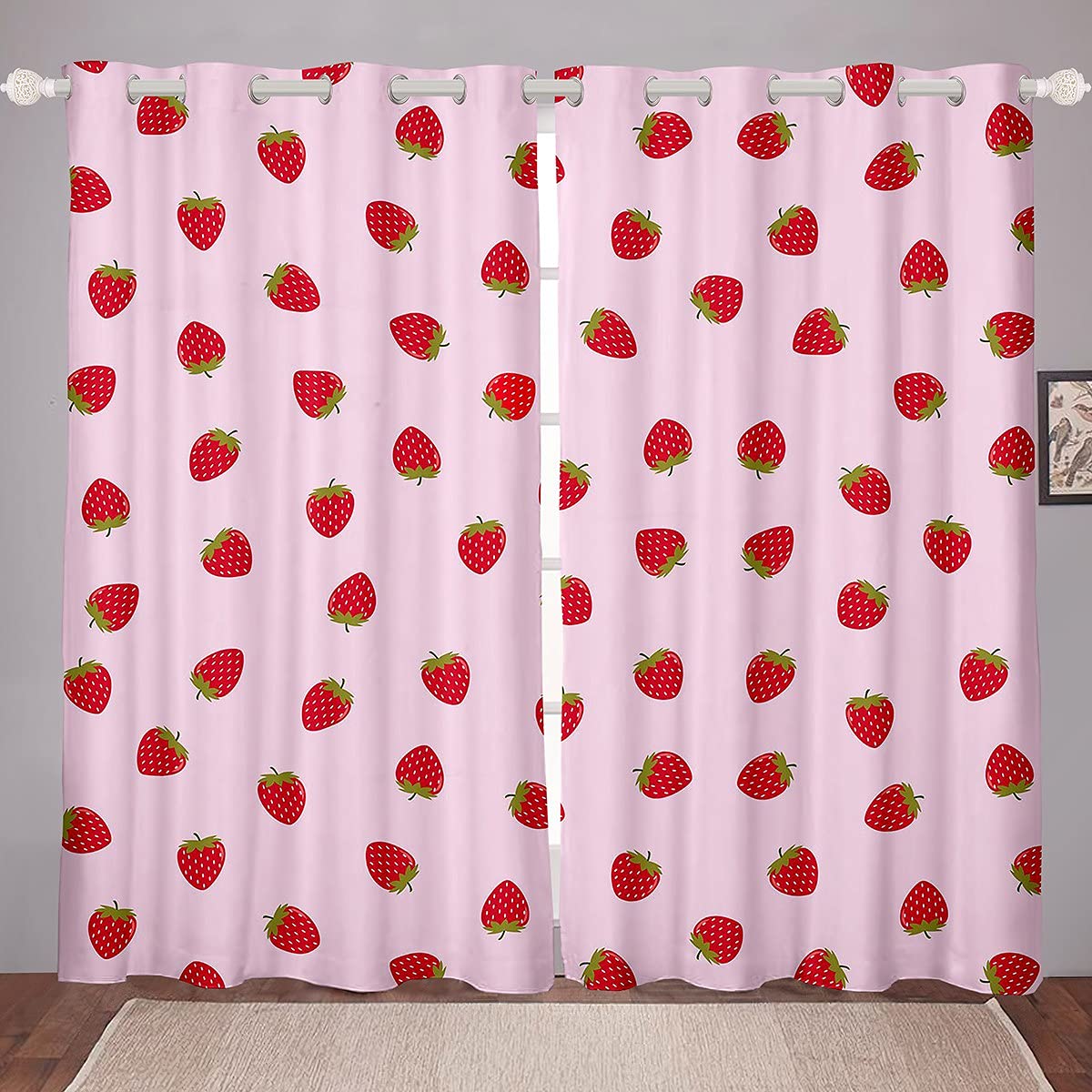 Loussiesd Strawberry Window Curtain Girls Pink Cute Fruit Print Curtain Kids Teens Strawberries Stripes Window Drapes Microfiber Window Treatments W66*L72