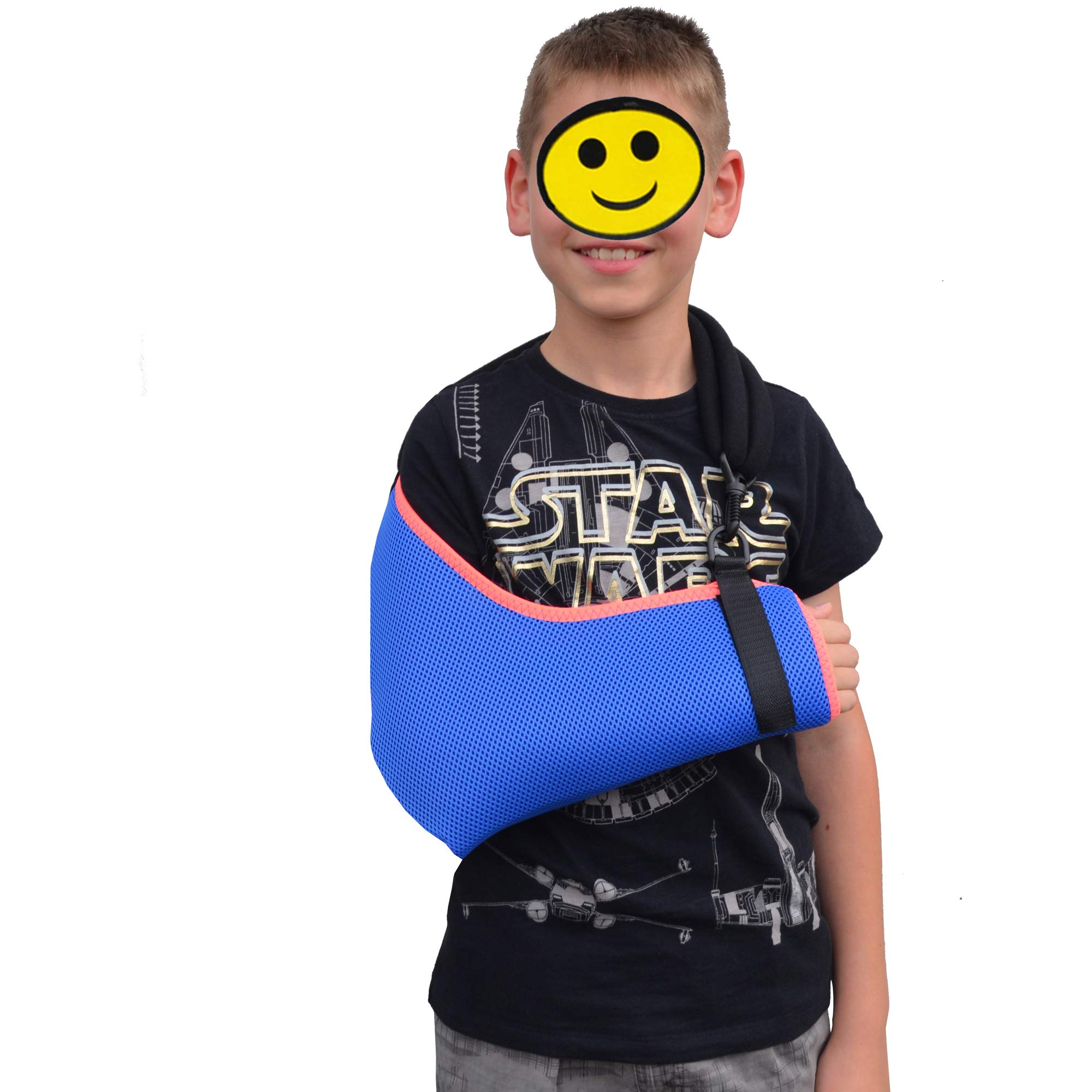 4DflexiSPORT Arm Sling Extra Shoulder Support, Child 8-9yr Blue/Coral Trim, Easy Fit, Cooling, Happy Healing Sticker.