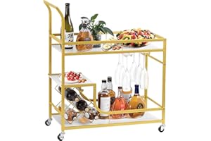 Vividwood Bar Cart, Bar Serving Cart with Wheels, 2 Tier Bar Carts for The Home Kitchen Dining Room with Wine Rack and Glass Holder (Gold)