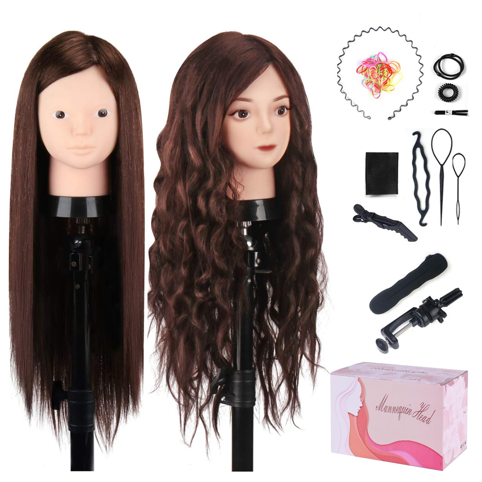 MYSWEETY 20 Inch 60% Real Human Hair Training Head Mannequin Head Cosmetology Hairdressing Mannequin Head with Table Clamp Holder & DIY Hair Styling Braid Set