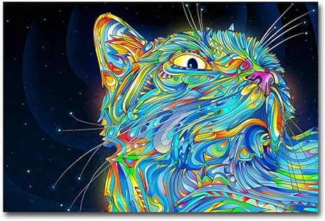 Amazon Co Jp サイケデリックトリッピーキャットポスター絵絵画壁アートキャンバスにプリント絵画リビングルームの装飾50x70cmフレームなし ホーム キッチン