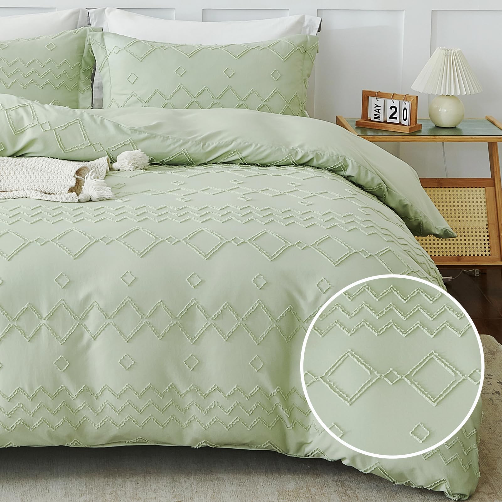 Photo 1 of EMME Duvet Cover Queen Size, Boho Tufted Comforter Cover, 3 Pieces Embroidery Chic Bedding Set for All Seasons, 1 Duvet Cover + 2 Pillowcases (Sage Green, Queen)