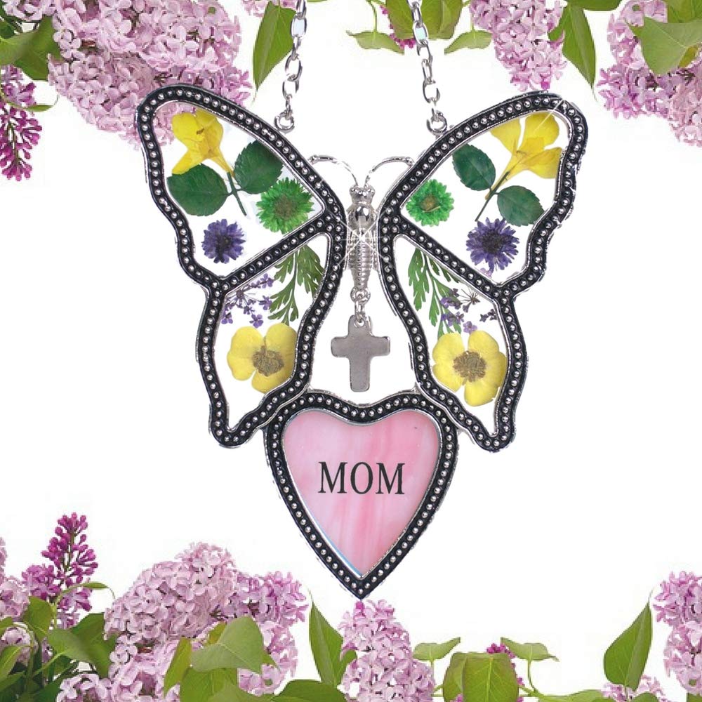 Banberry Designs Mom Butterfly Suncatcher Pressed Flower Glass Butterfly With Pink Mom Heart Birthday Gifts For Mom Gifts For Her - 