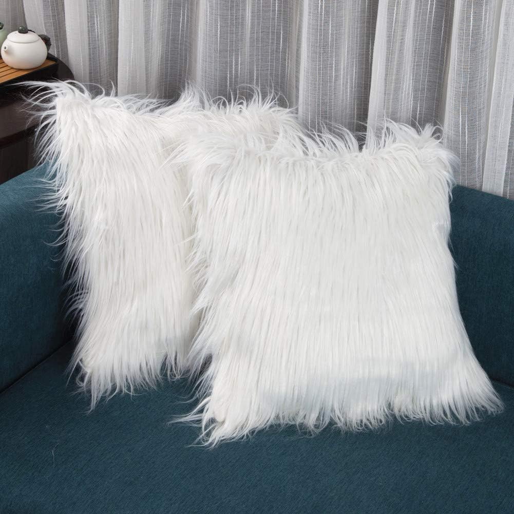 Dikoaina Mongolian Faux Fur Pillow Cover Cushion Case Natural Color (White02, 18x18 Inch, 2 Pack)