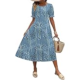 Zeagoo Womens Summer Dress Casual Midi Dresses 2026 Short Puff Sleeve Flare Dress Pleated Flowy Sundress with Pockets