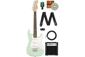 Fender Squier 3/4-Size Kids Mini Strat Electric Guitar - Surf Green Bundle with Amplifier, Cable, Tuner, Strap, Picks, Online Lessons, and Austin Bazaar Instructional DVD