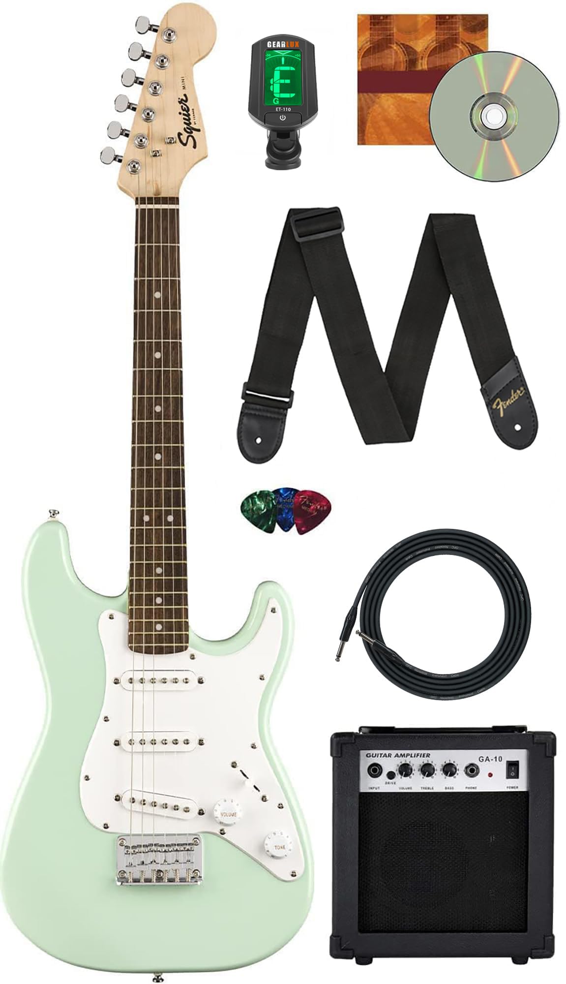 Fender Squier Guitarra eléctrica Mini Strat para niños de tamaño 3/4, paquete Surf Green con amplificador, cable, afinador, correa, púas, lecciones en línea y DVD instructivo de Austin Bazaar